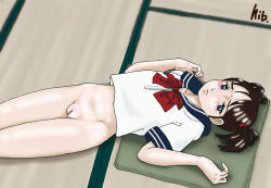  1girl artist_request bottomless flat_chest loli lying no_panties on_back pussy school_uniform sketch solo tagme  rating:Explicit score:9 user:euin