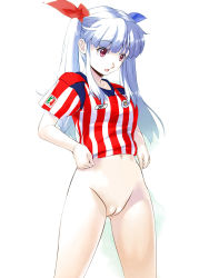  1girl bottomless hair_ribbon mexico navel open_mouth original pussy red_eyes ribbon silver_hair simple_background solo surprised twintails uchiu_kazuma uncensored white_background  rating:Explicit score:31 user:usarak_3