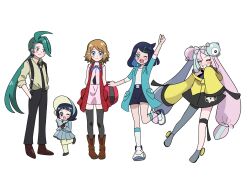  5girls ;d arm_up arms_behind_back bare_shoulders black_hair black_necktie black_thighhighs blonde_hair blue_eyes blue_hair blue_jacket blush_stickers bow-shaped_hair brown_footwear character_hair_ornament closed_eyes collared_shirt creatures_(company) dress full_body game_freak green_hair grey_pantyhose hair_ornament hairclip hand_in_pocket highres iono_(pokemon) jacket leg_up liko_(pokemon) long_hair looking_at_another looking_at_viewer miin_(toukotouya) multiple_girls necktie nintendo one_eye_closed open_clothes open_jacket open_mouth pants pantyhose pink_dress pink_hair pokemon pokemon_(anime) pokemon_horizons pokemon_sv pokemon_xy_(anime) ponytail poppy_(pokemon) rika_(pokemon) serena_(pokemon) sharp_teeth shirt shoes short_hair shorts single_leg_pantyhose sleeves_past_fingers sleeves_past_wrists smile suspenders teeth thigh_strap thighhighs twintails very_long_hair white_background white_footwear white_shirt yellow_jacket 