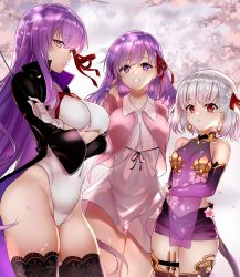  3girls bb_(fate) bb_(fate/extra) black_coat black_legwear blush breasts coat detached_sleeves dress earrings fate/extra fate/extra_ccc fate/grand_order fate/stay_night fate_(series) flower gloves hair_ribbon highres holding holding_wand jewelry kama_(fate) kama_(first_ascension)_(fate) large_breasts leotard long_hair long_sleeves looking_at_viewer lotus matou_sakura miniskirt multiple_girls neck_ribbon official_alternate_costume pink_ribbon purple_dress purple_eyes purple_hair purple_legwear purple_sleeves red_eyes red_ribbon ribbon ring short_hair silver_hair skirt sleeveless sleeveless_dress small_breasts thigh_strap thighhighs thighs very_long_hair wand white_gloves white_leotard zasshu  rating:Sensitive score:30 user:danbooru