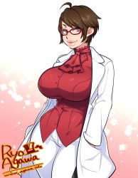  agawa_ryou breasts brown_eyes brown_hair cowlick ascot glasses hands_in_pockets highres lab_coat large_breasts makeup plump_lips short_hair smile solo thick_lips wide_hips  rating:Sensitive score:65 user:TittyLeak