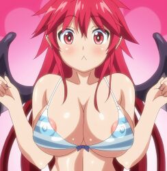  1girl absurdres anime_screenshot areola_slip bra breast_expansion breasts bursting_breasts covered_erect_nipples demon_girl demon_wings highres itadaki!_seieki large_breasts red_eyes red_hair screencap setogaya_mari solo stitched striped_bra striped_clothes surprised third-party_edit underwear wings 