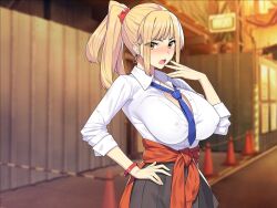  1girl black_skirt blonde_hair blue_necktie blurry blurry_background blush breasts brown_eyes clothes_around_waist covered_erect_nipples evening gyaru hand_on_own_hip hand_to_own_mouth huge_breasts jacket kogal long_hair long_sleeves looking_at_viewer munashi_mujou necktie open_mouth original outdoors ponytail red_sweater road shirt sidelocks skirt solo standing street sweater sweater_around_waist traffic_cone white_shirt  rating:Sensitive score:12 user:danbooru