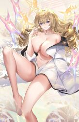  1girl bare_legs blonde_hair blue_eyes blush breasts collarbone crown_(naked_king)_(nikke) crown_(nikke) goddess_of_victory:_nikke hanh_chu highres large_breasts long_hair looking_at_viewer naked_shirt navel parted_lips shirt smile solo too_many_drills twisted_hair  rating:Questionable score:24 user:danbooru