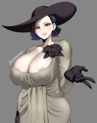 1girl absurdres alcina_dimitrescu areola_slip areolae artist_name black_gloves black_hair breasts cleavage curvy erect_nipples flower gloves hat highres huge_breasts looking_at_viewer pale_skin resident_evil resident_evil_village rose short_hair smile sole_gem solo sun_hat tall_female upper_body yellow_eyes