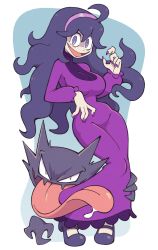 1girl @_@ ahoge black_footwear blue_background breasts creatures_(company) dress full_body game_freak gen_1_pokemon hairband haunter hex_maniac_(pokemon) large_breasts long_dress long_hair long_sleeves long_tongue looking_at_viewer messy_hair nail_polish nintendo open_mouth pokemon pokemon_(creature) pokemon_xy purple_dress purple_eyes purple_hair purple_nails shenanimation shoes simple_background skin_tight smile standing tongue tongue_out turtleneck white_background