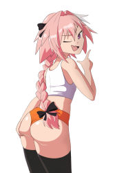  1boy artist_request ass ass_grab astolfo_(fate) bare_shoulders bow braid deep_skin fate/grand_order fate_(series) femboy_hooters_(meme) from_behind hair_bow highres hooters long_hair looking_at_viewer meme one_eye_closed open_mouth pink_hair purple_eyes shiny_skin short_shorts shorts single_braid smile solo thighhighs trap very_long_hair  rating:Questionable score:114 user:armorcrystal