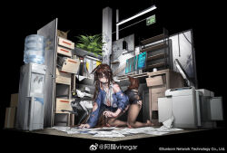  1girl all_fours animal_ears bare_shoulders black_background black_choker black_pantyhose black_skirt blue_sweater box breasts brown_hair brown_tail bullet_hole business_suit button_gap cardboard_box choker cleavage collared_shirt computer copyright_notice cracked_screen desk dog_tags drawer ear_down electric_plug emergency_exit exit_sign faux_figurine file_cabinet formal full_body girls&#039;_frontline girls&#039;_frontline_neural_cloud grey_eyes hair_between_eyes hanging_light highres id_card lanyard large_breasts long_hair looking_at_viewer miniskirt monitor no_shoes non-humanoid_robot off_shoulder office office_lady official_alternate_costume official_art on_ground panties panties_under_pantyhose pantyhose paper parted_lips partially_unbuttoned pencil_skirt photocopier plant robot robot_animal robot_dog scar scar_on_arm scar_on_shoulder scrape scraped_knee shelf shirt skirt sleeveless sleeveless_shirt solo spill suit sweater torn_clothes torn_pantyhose torn_skirt torn_sweater turing_(neural_cloud) underwear very_long_hair vinegar_kira water_cooler weibo_logo weibo_watermark white_panties white_shirt 