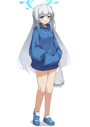  1girl bcag. blue_archive blue_footwear blue_halo blue_hoodie full_body grey_hair halo hands_in_pockets highres hood hood_down hoodie long_hair looking_at_viewer miyako_(blue_archive) open_mouth purple_eyes shoes simple_background smile solo white_background 