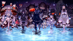  5girls abyssal_ship ahoge anklet bad_id bad_pixiv_id barefoot battleship_water_oni black_hair boots breasts bubble claws cleavage cleavage_cutout clothes_lift clothing_cutout dress elbow_gloves enemy_aircraft_(kancolle) fingernails fishnet_legwear fishnets gloves glowing glowing_eyes gothic_lolita hair_between_eyes highres horns isolated_island_oni jewelry kantai_collection kareha_(sakura-turibito) large_breasts lolita_fashion long_hair looking_at_viewer machinery midway_princess mittens monster multiple_girls northern_ocean_princess open_mouth pale_skin panties red_eyes seaport_princess sharp_fingernails short_dress short_eyebrows single_horn skirt skirt_lift sleeves_past_wrists thigh_boots thighhighs tongue tongue_out turret underwear veins walking walking_on_liquid white_hair 