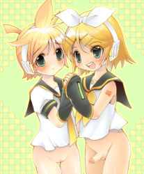  1boy 1girl artist_request blonde_hair blue_eyes blush bottomless brother_and_sister censored detached_sleeves eyes_visible_through_hair genderswap genderswap_(ftm) genderswap_(mtf) hair_between_eyes hair_ornament hair_ribbon hairpin hand_grab headphones holding_hands kagamine_len kagamine_lenka kagamine_rin kagamine_rinto loli mosaic_censoring necktie no_panties penis pussy ribbon sailor_collar sailor_shirt shirt shota siblings simple_background source_request tattoo testicles vocaloid white_shirt 