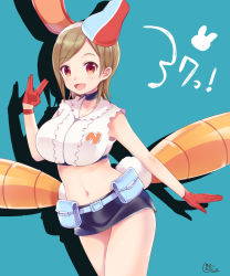  1girl :d animal_ears breasts brown_hair choker commentary_request densha_otoko eyelashes fake_animal_ears fake_tail getsumento_heiki_miina gloves hair_ornament hairband happy highres large_breasts light_blush looking_at_viewer midriff miyano_ururu navel open_mouth rabbit_ears rabbit_tail red_eyes red_gloves short_hair signature simple_background smile solo standing tail tsukishiro_mina v 
