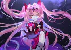  1girl bangs bare_shoulders black_gloves breasts center_opening character_request cross_hair_ornament epic_seven gloves hair_between_eyes hair_ornament hair_over_one_eye hair_ribbon highres long_hair looking_at_viewer medium_breasts pink_hair red_ribbon ribbon smile solo two_side_up upper_body vardan very_long_hair yellow_eyes 