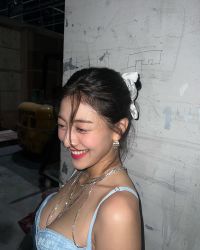  1girl asian bare_shoulders bow breasts cleavage earrings female_focus highres jewelry jihyo_(twice) kpop lips medium_breasts necklace real shoulder_strap smile teeth twice_(group) twice_(kpop) 