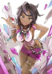  1girl bana_(stand_flower) bracelet breasts brown_eyes brown_hair cleavage creatures_(company) dark-skinned_female dark_skin female_focus game_freak hand_on_own_hip highres holding jewelry lipstick looking_at_viewer makeup medium_breasts navel necklace nintendo olivia_(pokemon) pink_lips poke_ball pokemon pokemon_sm shorts smile solo stone  rating:Sensitive score:40 user:HomeStruck