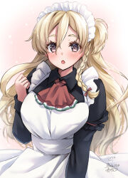  1girl absurdres alternate_costume apron ascot black_dress blonde_hair blush braid breasts brown_eyes dated dress enmaided hair_between_eyes highres kantai_collection large_breasts long_hair long_sleeves looking_at_viewer maid maid_headdress mashiro_yukiya parted_lips side_braid signature simple_background solo white_apron zara_(kancolle) 