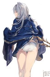 1girl ass branch brown_eyes clothes_lift from_behind granblue_fantasy jacket jacket_lift kneepits long_hair looking_back panties sabanobori silva_(granblue_fantasy) silver_hair simple_background skirt skirt_caught_on_object skirt_lift solo underwear white_background rating:Sensitive score:21 user:danbooru