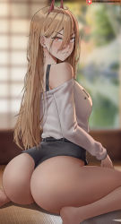  1girl ass blonde_hair chainsaw_man commentary hair_between_eyes highres horns huge_ass long_hair looking_at_viewer looking_back orange_eyes power_(chainsaw_man) red_horns shexyo sitting solo wariza  rating:Questionable score:241 user:danbooru