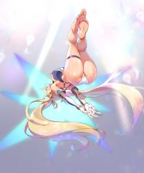  1girl absurdres arms_behind_back ass bare_legs barefoot blonde_hair bradamante_(fate) bradamante_(third_ascension)_(fate) braid breasts curvy elbow_gloves fate/grand_order fate_(series) feet female_focus foot_focus foreshortening french_braid from_below gloves highres huge_ass leotard long_hair muloli shiny_skin soles solo sweat thigh_strap thighs toes twintails very_long_hair white_gloves  rating:Sensitive score:57 user:danbooru