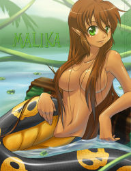  1girl arm_support breasts brown_hair censored character_name cleavage convenient_censoring dark-skinned_female dark_skin felarya green_eyes hair_censor hair_over_breasts hand_on_own_hip highres hip_focus kotorikurama lamia large_breasts light_smile lily_pad log long_hair looking_at_viewer malika monster_girl nature navel nude pointy_ears pussy skull smile solo uncensored water  rating:Explicit score:105 user:danbooru