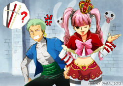  10s 1boy 1girl 2012 :p ? angry aubrey_dagal bandages black_eyes black_pants bow cape crown earrings fur_trim ghost green_hair haramaki injury jewelry kuraigana_island long_hair midriff one_eye_closed one_piece pants perona pink_hair red_cape red_skirt roronoa_zoro short_cape shrugging skirt striped_clothes striped_thighhighs sword thighhighs tongue tongue_out twintails weapon wink  rating:Sensitive score:8 user:pixmixmax
