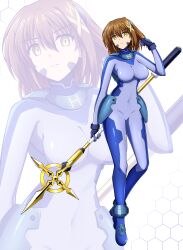  1girl absurdres alternate_eye_color blue_bodysuit bodysuit breasts brown_hair commission covered_navel dark_persona fingerless_gloves frown full_body gloves highres holding holding_staff large_breasts looking_at_viewer lyrical_nanoha mahou_shoujo_lyrical_nanoha_strikers mind_control numbers&#039;_uniform oshimaru026 pixiv_commission skin_tight solo staff two-tone_bodysuit yagami_hayate yellow_eyes zoom_layer  rating:Sensitive score:3 user:danbooru