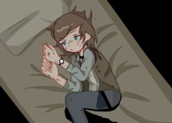  1boy bandaid bed blue_eyes bored brown_hair carl_grimes denim fetal_position half-closed_eyes jeans layered_clothes long_hair messy_hair pants pillow scratches scuffed the_walking_dead thigh_strap tired vest watch wristwatch  rating:Sensitive score:1 user:danbooru