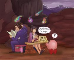1boy 1girl ? ace_attorney artist_request black_eyes black_hair confused crossover english_text formal highres kirby kirby_(series) map maya_fey nintendo phoenix_wright reading rock sitting smile speech_bubble spirit suit suitcase super_smash_bros. rating:Sensitive score:6 user:danbooru