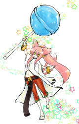  1girl animal_ears arc_system_works bell belt blazblue blazblue:_continuum_shift boh_(pixiv422546) bracelet candy cat_ears cat_girl cat_tail female_focus food full_body jewelry kokonoe_(blazblue) lab_coat lollipop long_hair multiple_tails pants parody pink_hair platinum_the_trinity ponytail sandals solo tail white_background yellow_eyes 