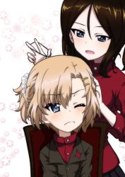 2girls adjusting_another&#039;s_hair alternate_hairstyle black_hair blonde_hair blue_eyes blush closed_mouth commentary floral_background frown girls_und_panzer green_jacket hair_ornament hair_scrunchie hair_tie hairclip holding insignia jacket katyusha_(girls_und_panzer) key_(gaigaigai123) long_hair long_sleeves looking_at_another multiple_girls no_jacket nonna_(girls_und_panzer) one_eye_closed open_mouth pravda_school_uniform red_shirt school_uniform scrunchie shirt short_hair sitting standing sweatdrop swept_bangs turtleneck white_scrunchie wooden_chair rating:Sensitive score:10 user:danbooru