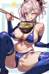  1girl absurdres alternate_costume areola_slip ass asymmetrical_hair bikini blue_bikini blue_eyes blue_sleeves blue_thighhighs bowl breast_hold breasts cameltoe chopsticks cleavage cleft_of_venus commentary covered_erect_nipples detached_sleeves eating ebora english_commentary fate/grand_order fate_(series) food front-tie_bikini_top front-tie_top highres holding holding_chopsticks large_breasts long_hair looking_at_viewer miyamoto_musashi_(fate) navel noodles pink_hair ponytail simple_background single_sidelock sitting solo spread_legs star_(symbol) swimsuit thighhighs udon 