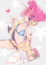  1girl bandaged_arm bandaged_leg bandages bikini blue_bikini blue_eyes breasts double_bun fate/grand_order fate_(series) food frankenstein&#039;s_monster_(fate) frankenstein&#039;s_monster_(swimsuit_saber)_(fate) hair_bun heart highres horns jacket looking_at_viewer mechanical_horns open_clothes open_jacket pink_hair popsicle single_horn small_breasts solo swimsuit tongue tongue_out tsucaco  rating:Sensitive score:6 user:danbooru