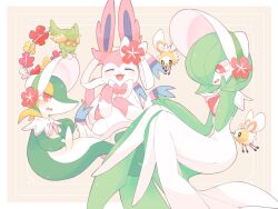blush colored_skin comfey creatures_(company) cutiefly dress em_ivy_akippoi fangs flower game_freak gardevoir gardevoir_(fashionable) gen_3_pokemon gen_5_pokemon gen_6_pokemon gen_7_pokemon green_hair hand_on_own_cheek hand_on_own_face hat hat_flower highres multicolored_skin nintendo open_mouth pink_eyes pink_fur pokemon pokemon_(creature) pokemon_unite simple_background snivy sylveon two-tone_fur two-tone_skin white_dress white_headwear