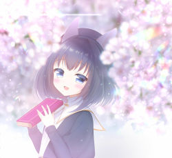 1girl :d animal_ears beret black_dress black_hair black_hat blue_eyes blurry blurry_foreground blush book cherry_blossoms commentary_request depth_of_field dress hands_up hat highres holding holding_book juliet_sleeves long_sleeves mole mole_under_eye mole_under_mouth open_mouth original puffy_sleeves seta_(monyun) smile solo upper_body
