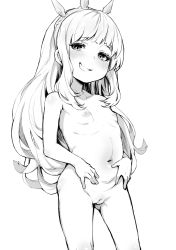 1girl blush breasts cagliostro_(granblue_fantasy) cleft_of_venus collarbone completely_nude cowboy_shot gluteal_fold granblue_fantasy greyscale hairband highres loli long_hair looking_at_viewer monchan_rev3 monochrome naughty_face navel nipples nude pussy ribs simple_background small_breasts smug stomach teeth tiara uncensored white_background rating:Explicit score:272 user:danbooru