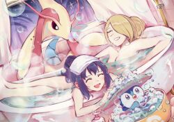  2girls 2others :d ^_^ bath bathing bathroom bathtub bird blonde_hair blue_hair bubble bubble_bath chikiso closed_eyes completely_nude creatures_(company) crossed_legs cynthia_(pokemon) dawn_(pokemon) game_freak gen_3_pokemon gen_4_pokemon hair_over_one_eye highres leaning_on_object liquid_soap milotic multiple_girls multiple_others nintendo nude open_mouth partially_submerged penguin piplup poke_ball_symbol pokemon pokemon_(creature) pokemon_dppt ponytail reclining relaxing same-sex_bathing shared_bathing sidelocks sky smile soap soap_bubbles star_(sky) starry_sky steam swept_bangs towel towel_on_head window 