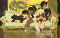  1boy 3girls bare_legs barefoot black_bow black_footwear black_hair bow child couch crossed_legs dark-skinned_female dark_skin dress earrings elezen elf final_fantasy final_fantasy_xiv flower food frilled_dress frills full_body green_eyes grey_eyes hair_bow hair_flower hair_ornament hairband high_heels highres holding indoors jewelry koubayouniao lalafell long_sleeves looking_at_viewer lying multiple_girls on_back on_couch plant pointy_ears puffy_sleeves red_dress red_eyes shoes short_hair short_sleeves sitting smile stuffed_toy toes unworn_shoes white_hair white_hairband 