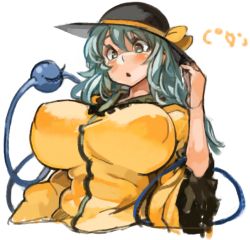  1girl breasts female_focus huge_breasts komeiji_koishi puffy_nipples sachito simple_background solo touhou upper_body white_background  rating:Questionable score:25 user:animefan11