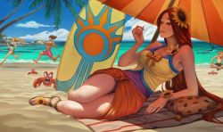 beach ezreal league_of_legends leona_(league_of_legends) lux_(league_of_legends) nail_polish nami_(league_of_legends) red_hair taric umbrella rating:Questionable score:51 user:01010001