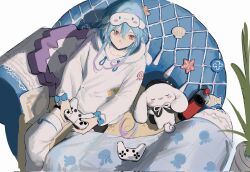  1boy animal_hood animal_print arknights armchair blanket blue_bow blue_hair bottle bow chair cinnamoroll commentary_request controller corrupted_twitter_file game_controller gradient_hair hair_between_eyes highres holding holding_controller holding_game_controller hood hood_down infection_monitor_(arknights) jellyfish_print kurokingyo0 long_hair long_sleeves looking_at_another male_focus mask mask_on_head mizuki_(arknights) multicolored_hair net on_chair pajamas pillow pink_eyes plant potted_plant print_mask puffy_sleeves purple_hair rabbit_hood sanrio seashell shell sidelocks simple_background sitting sleep_mask starfish white_background white_pajamas 