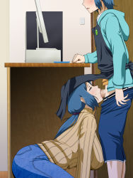 1girl :&gt;= apron aqua_eyes ass blue_eyes blue_hair blush breasts censored computer denim fellatio gundam gundam_build_fighters haro_button_badge highres huge_breasts incest indoors iori_rinko iori_sei jeans kneeling legs long_hair long_sleeves mature_female mosaic_censoring mother_and_son oral pants parted_lips penis ponytail standing sweater table thighs turtleneck turtleneck_sweater under_table vermilion rating:Explicit score:411 user:Ynyswydryn
