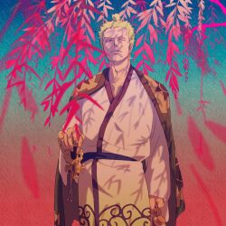  1boy black_eyes closed_mouth commentary earrings green_hair japanese_clothes jewelry katana kimono male_focus obobkkp official_alternate_costume one_eye_closed one_piece roronoa_zoro scar scar_across_eye scar_on_face short_hair single_earring solo sword topknot weapon 