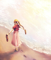  1girl aerith_gainsborough bangle barefoot beach boots bracelet braid braided_ponytail brown_footwear brown_hair cropped_jacket dress facing_away final_fantasy final_fantasy_vii final_fantasy_vii_rebirth final_fantasy_vii_remake from_above full_body hair_ribbon holding holding_clothes holding_footwear jacket jewelry jo_ro_ri long_dress long_hair ocean outstretched_arms parted_bangs pink_dress pink_ribbon puffy_short_sleeves puffy_sleeves red_jacket ribbon short_sleeves sidelocks single_braid solo twitter_username walking wavy_hair 