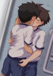  2boys against_wall ass_grab bad_id bad_twitter_id bathroom black_hair blush brown_hair clant_st closed_eyes commentary commentary_request dark-skinned_male dark_skin face-to-face french_kiss highres kiss male_focus multiple_boys original saliva shirt shorts shota shower_(place) sweat tiles white_shirt yaoi  rating:Questionable score:116 user:danbooru