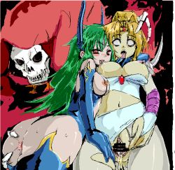  1990s_(style) 2girls 6rinne anus ass blank_eyes breasts bridal_gauntlets censored cloak cum ejaculation elbow_gloves evil female_ejaculation female_focus final_fantasy final_fantasy_iv gloves green_hair grey_eyes hood horns leotard long_hair multiple_girls naughty_face nipples open_mouth pussy red_eyes rosa_farrell rydia_(ff4) shoulder_pads skull spread_pussy thighhighs tiara tongue transformation yuri 