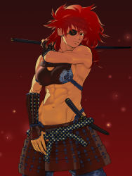 1girl abs armor eyepatch female_focus katana looking_at_viewer muscular navel red_eyes red_hair solo sword toned weapon yas66 rating:Sensitive score:25 user:R-998