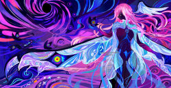  1girl abstract abstract_background absurdres animal aqua_theme aqua_wings artist_name black_skin bug butterfly character_request check_character check_copyright colored_skin copyright_request cqtlatte cropped_legs english_text eyes_in_wings feathered_wings floating_hair highres holding holding_animal insect insect_wings iridescent long_hair looking_to_the_side multicolored_eyes negative_space painterly pink_background pink_eyes pink_hair pink_theme punishing:_gray_raven rainbow_eyes solo spiral_background standing straight-on the_merciful_one_(punishing:_gray_raven) tumblr_username twitter_username wing_ears wings 