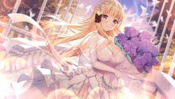 1girl akusema backlighting bare_shoulders black_bow blonde_hair blue_eyes blurry blurry_background blush bouquet bow breasts bride bridge cleavage dress dutch_angle elbow_gloves elf flower gloves hair_bow highres holding holding_bouquet jewelry large_breasts long_hair looking_at_viewer necklace pointy_ears princess_connect! rose saren_(princess_connect!) smile solo wedding_dress white_dress white_gloves rating:Sensitive score:43 user:danbooru