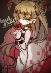1girl antlers blonde_hair copyright_name dress feet_out_of_frame flower green_eyes grey_background holding holding_flower horns htol#niq:_hotaru_no_nikki kaida_michi long_hair looking_at_viewer mion_(htol#niq) own_hands_together petals red_flower red_rose rose solo very_long_hair white_dress