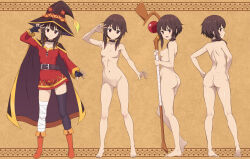  1girl ass asymmetrical_legwear bandaged_leg bandages black_cape black_thighhighs breasts brown_hair button_eyes buttons cape commentary_request completely_nude dress fingerless_gloves gloves hat highres holding holding_staff kono_subarashii_sekai_ni_shukufuku_wo! loli looking_at_viewer megumin mismatched_legwear nanikairu navel nipples no_nipples no_pussy nude red_dress red_eyes short_hair_with_long_locks simple_background single_thighhigh small_breasts smile staff thighhighs witch_hat 